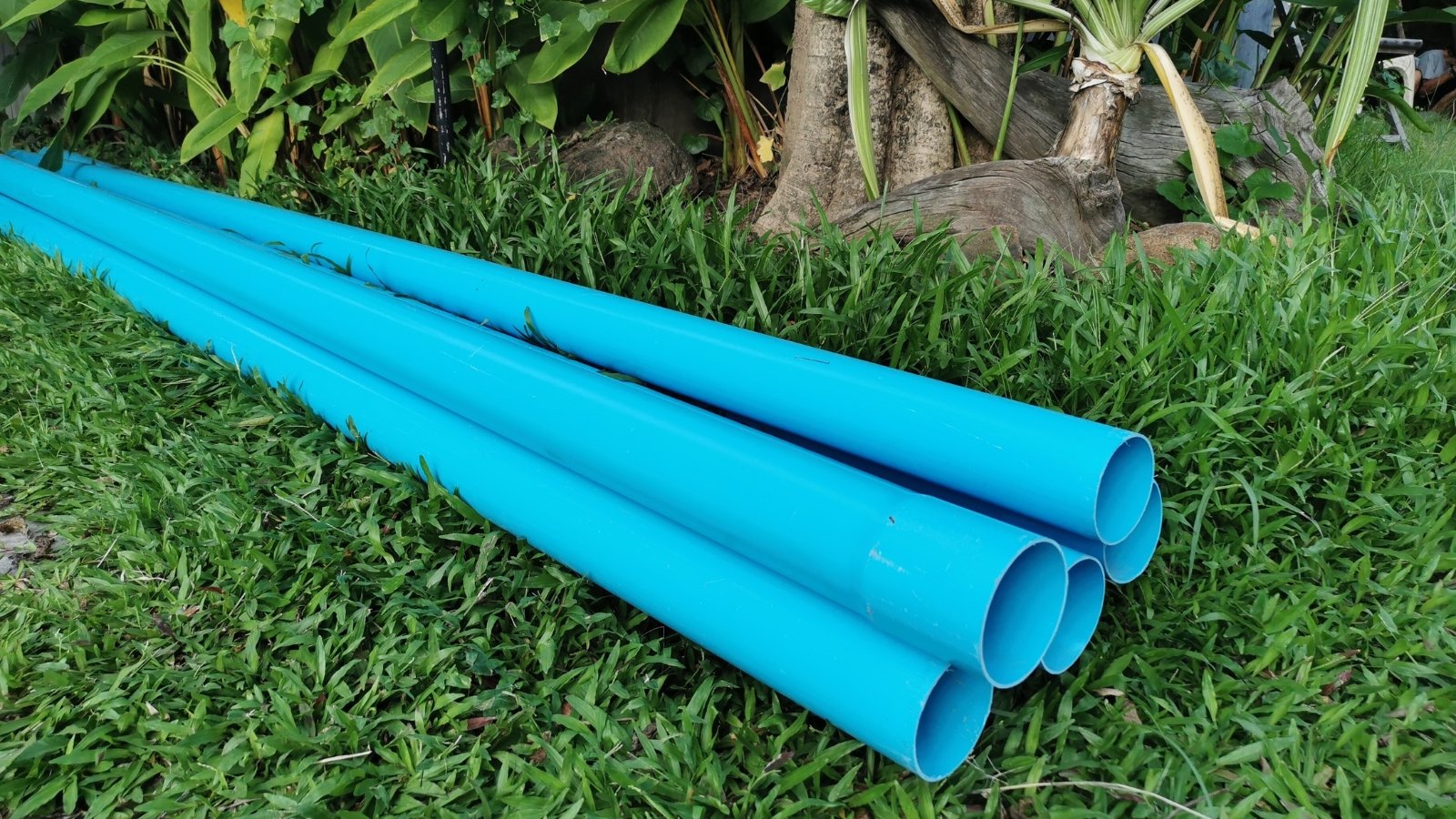 Four bright blue PVC pipes lying neatly on a patch of green grass near a garden area.